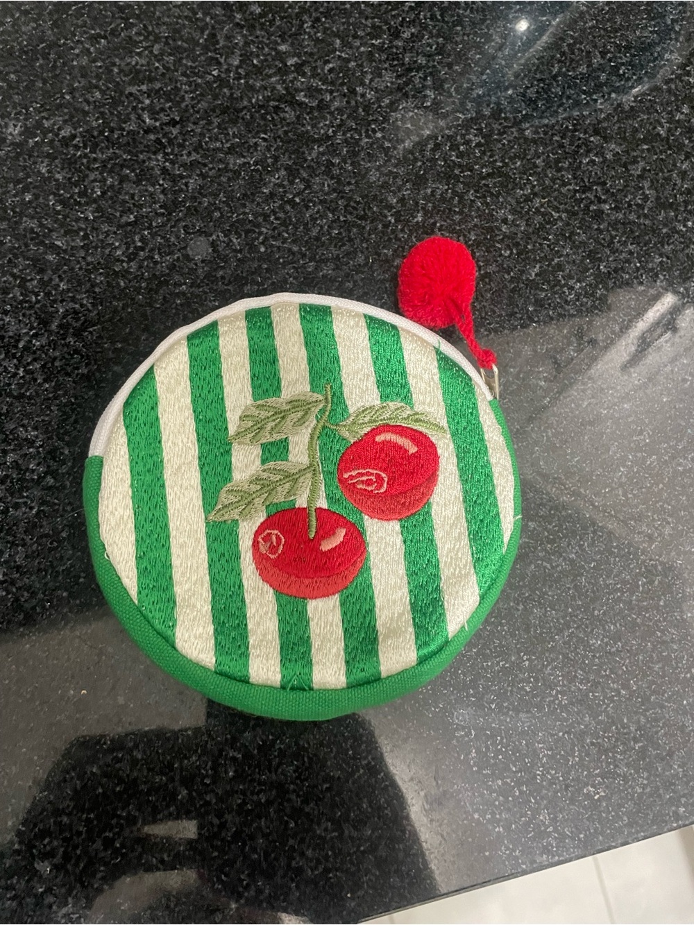 Source Unknown Green and White Striped Round Cherry Coin Purse with Red Pom